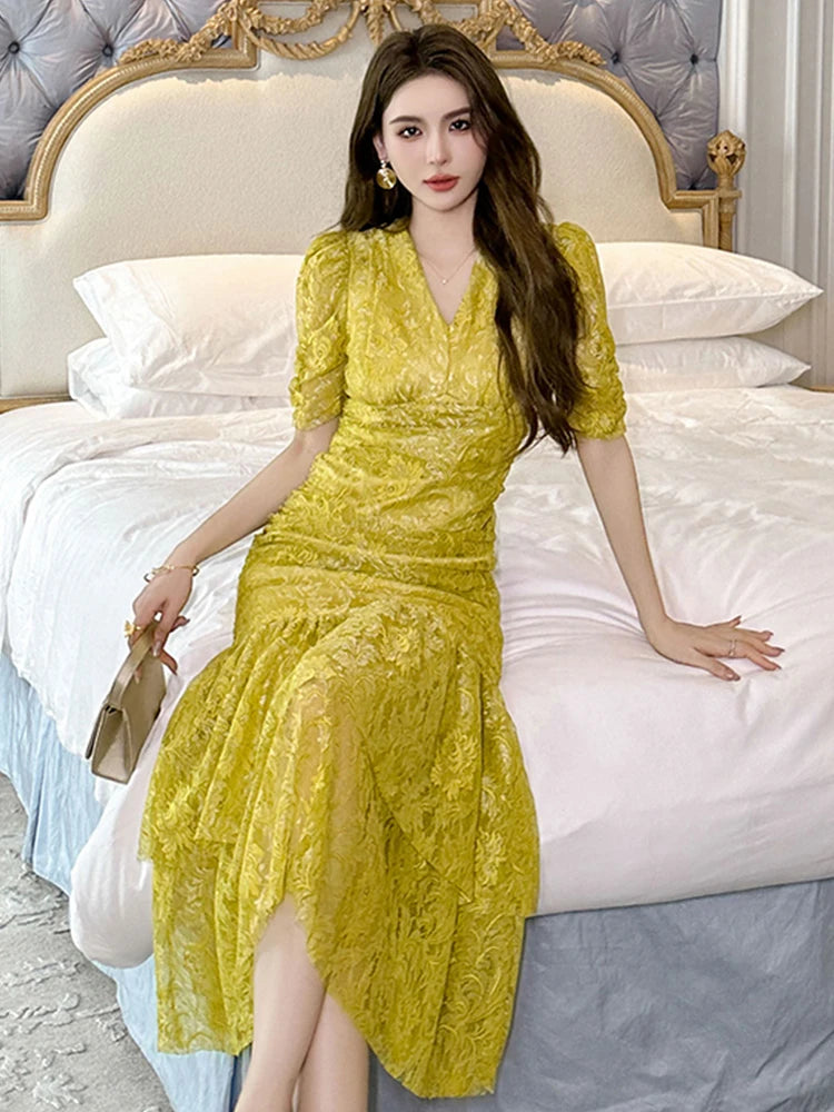 knee length dresses for ladies hollow lace peplum mini dress in yellow – sis label