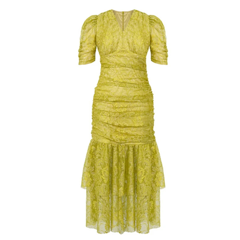 knee length dresses for ladies Yellow Lace Peplum Dress – yourpersonalstylistuk