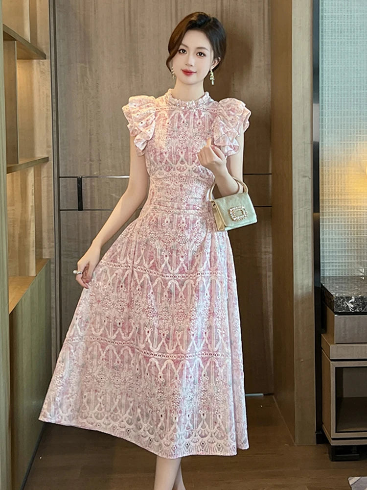 puff sleeve midi dress formal Zarah Jacquard Alessi Puff Sleeve Midi Dress GOLD / XS by Sugarlips main image 1