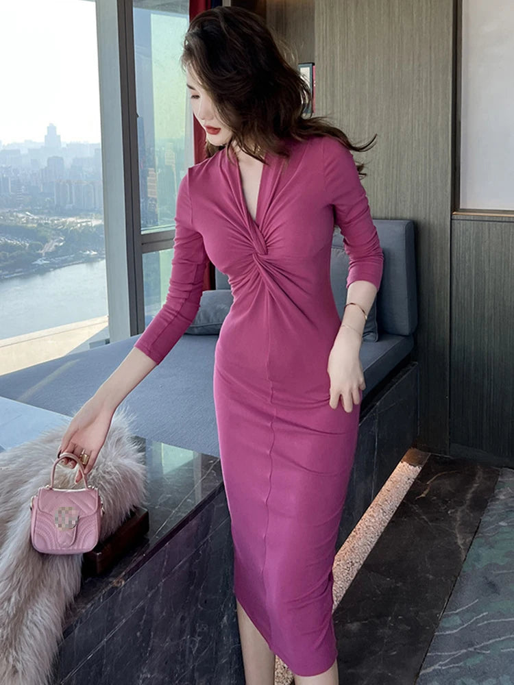 pink ruched dress long sleeve Hot Pink Dress - Ruched Mini Dress - Long Sleeve Bodycon Dress