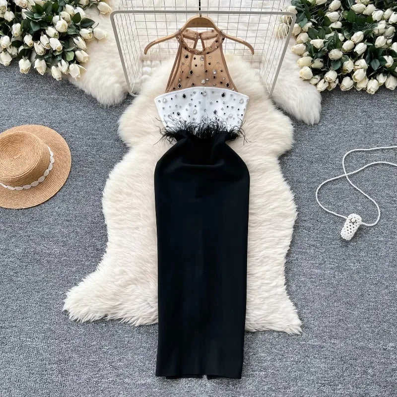 Rhinestone Halter Black Dress With Feather Trim on Luulla