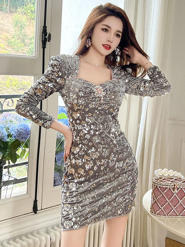 Fashion Lady Vintage Shiny Sequin Evening Short Dress Women Clothing Luxury Elegant Square Collar Slim Party Prom Vestido Fiesta