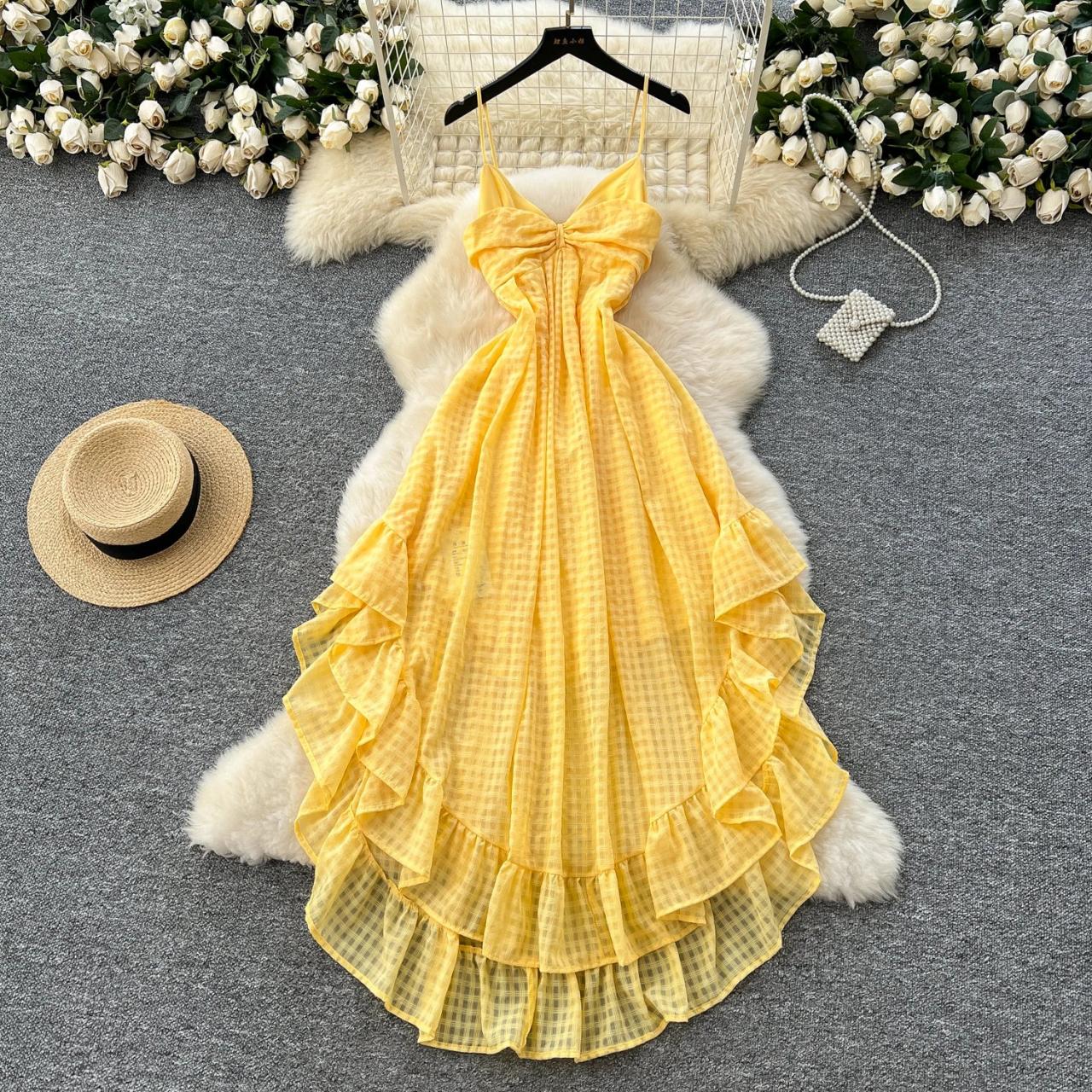 Yellow Gingham Layered Ruffle Maxi Dress Summer