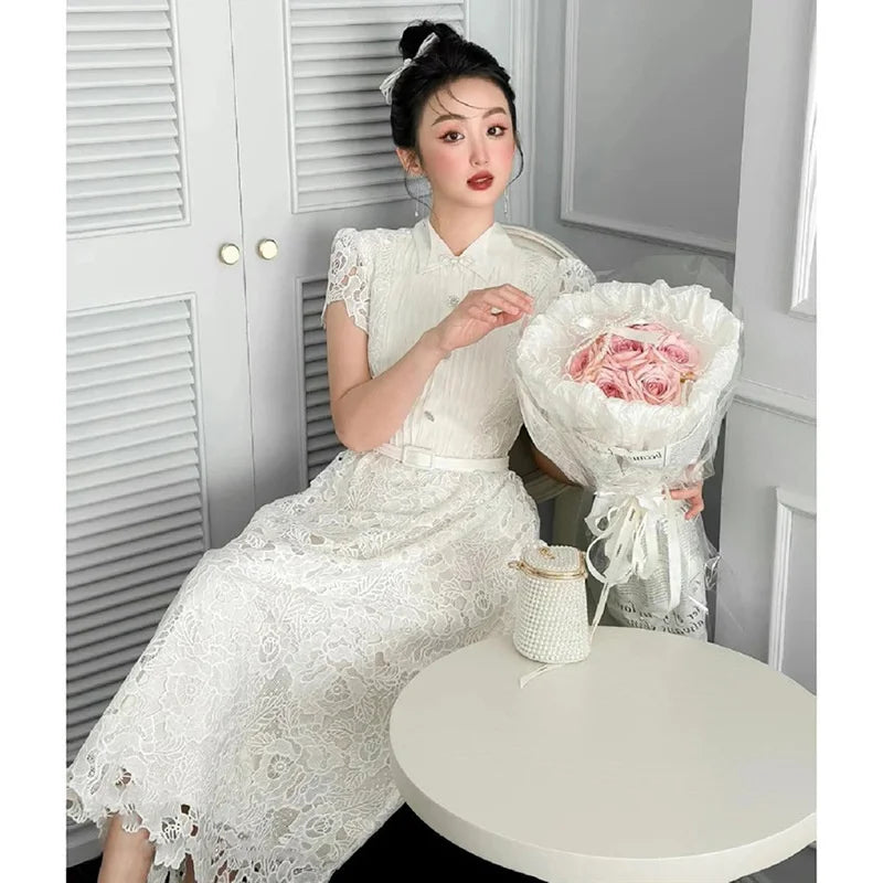 Lace Midi Dress With Cap Sleeves And Belt on Luulla