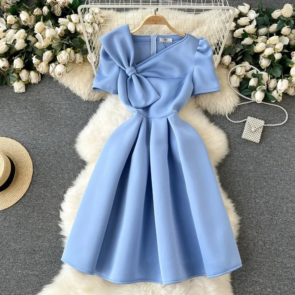 Satin Blue Dress With Bow Short Sleeves on Luulla