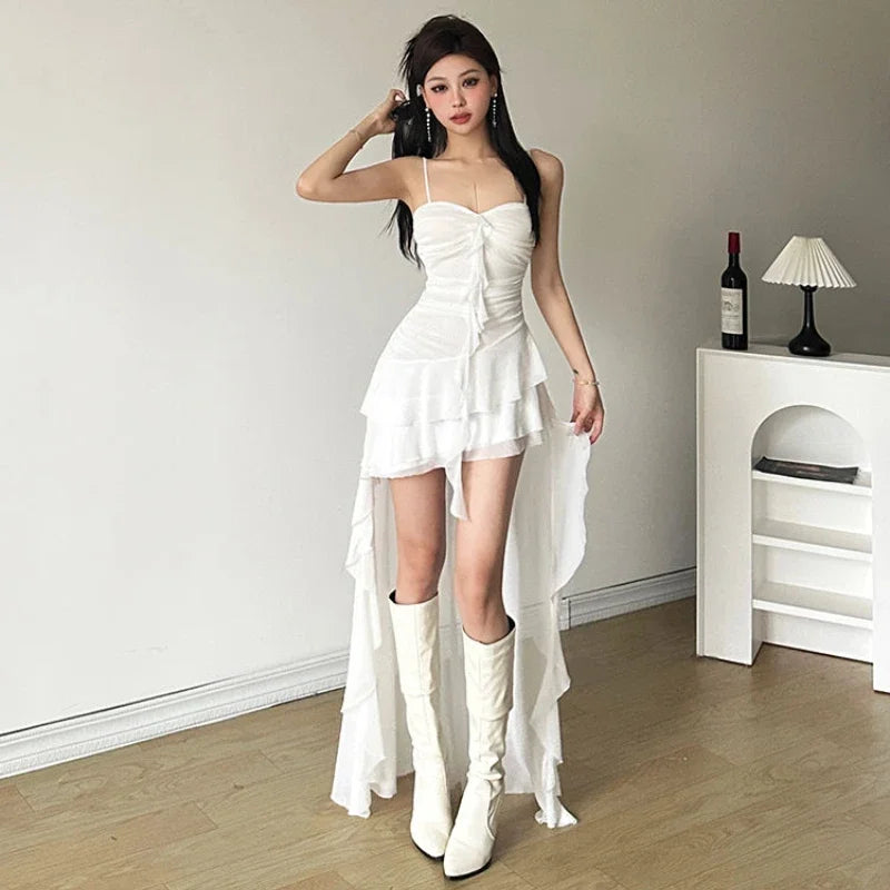 White Asymmetrical Bodycon Dress With Ruffled Hem on Luulla