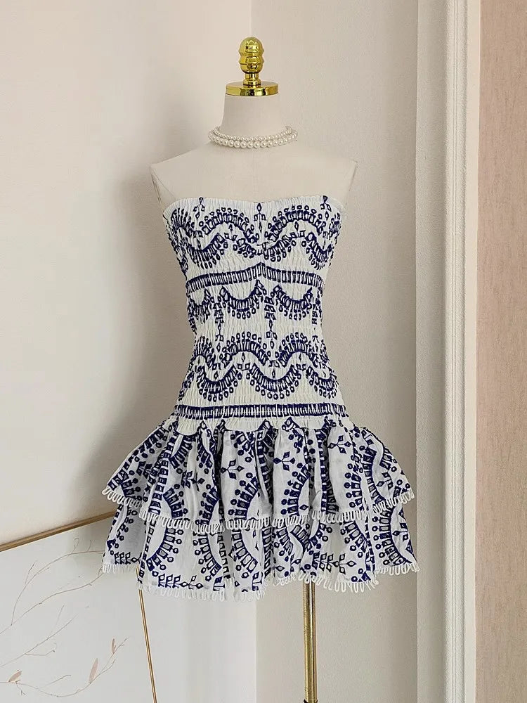 Strapless Blue Pattern Layered Ruffle Dress on Luulla