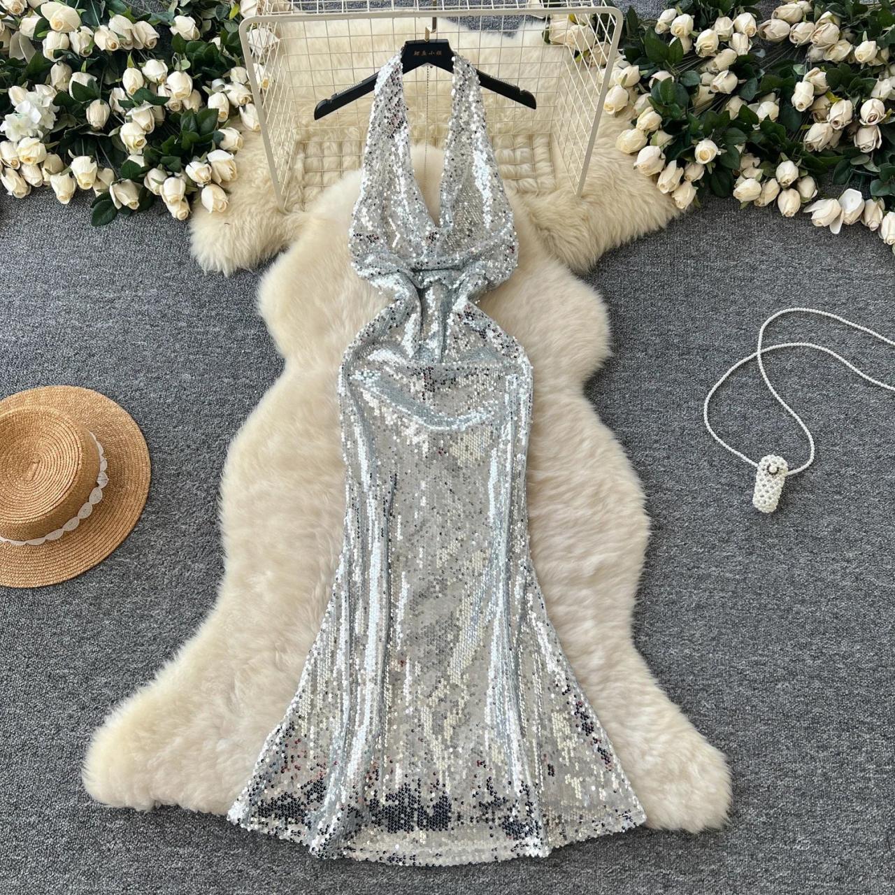 Silver Sequin Halter Dress With Flare Hem on Luulla