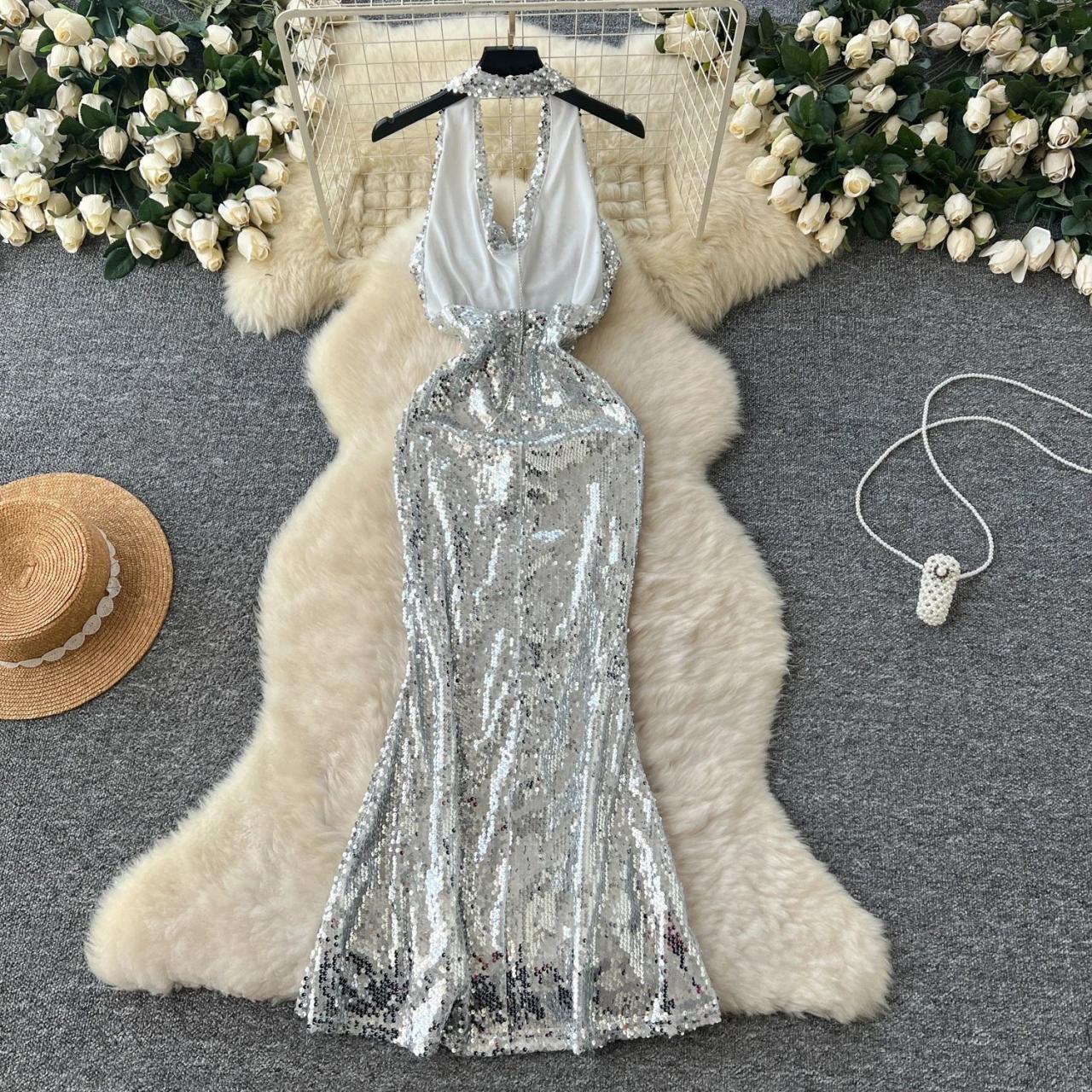 Silver Sequin Halter Dress With Flare Hem