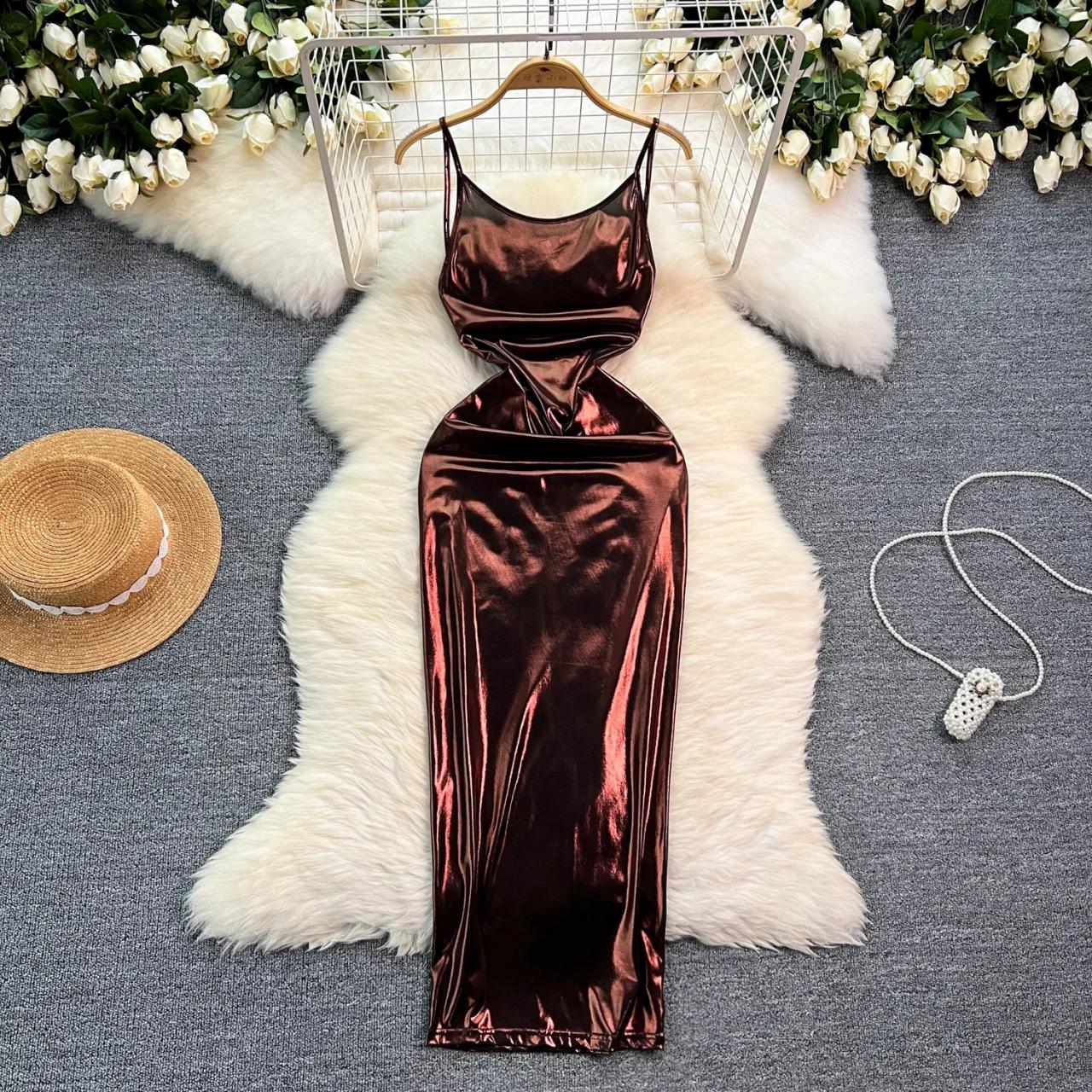 Shiny Spaghetti Strap Floor-Length Satin Dress