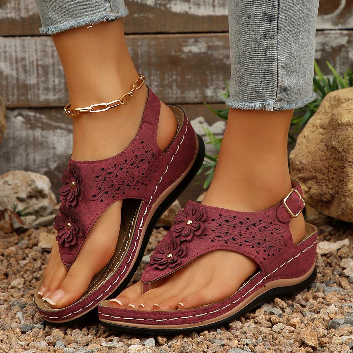 Womens Burgundy Floral Wedge Sandals With Ankle Strap on Luulla display picture 1