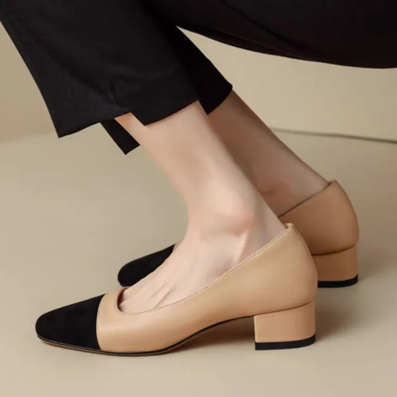 Womens Beige Black Square-toe Low Heel Pumps