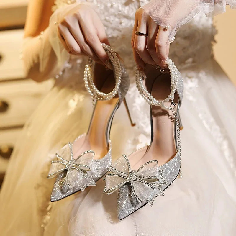 Sparkling Silver Heels With Pearls And Bows