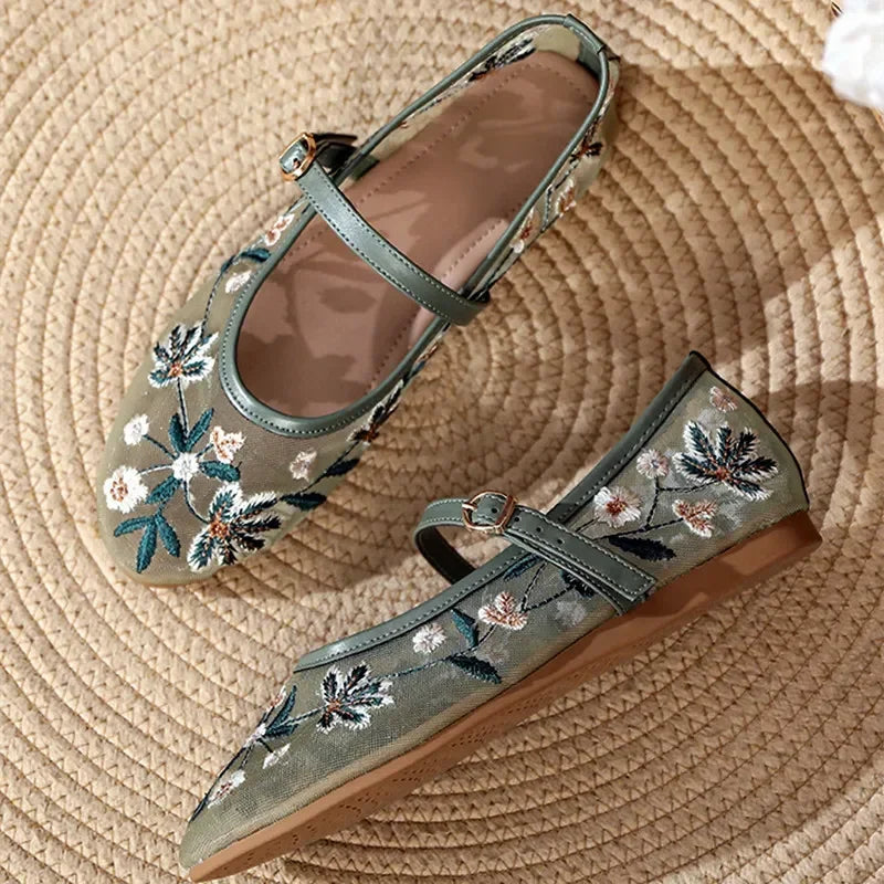 embroidered dress shoes Floral Embroidered Green Flat Mary Jane Shoes