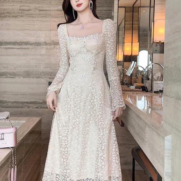 Lace Long-sleeve Square-neck A-line Midi Dress