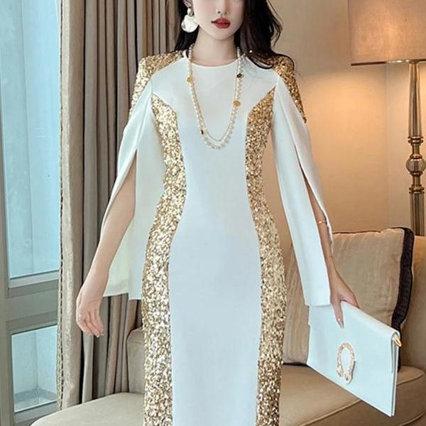 White Dress With Gold Sequin Sleeves on Luulla